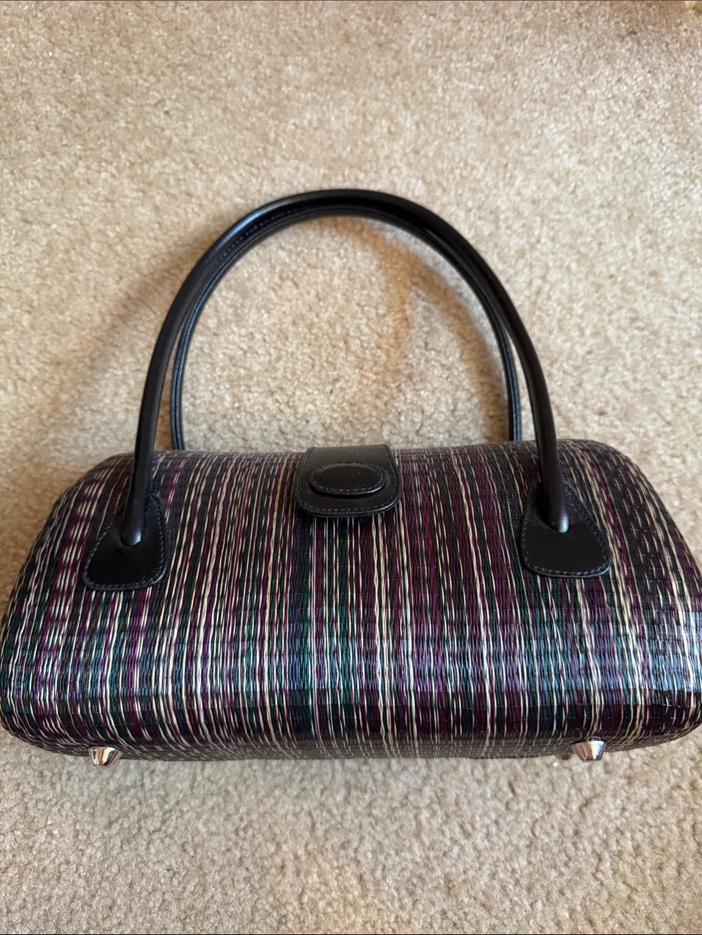 Woven Multicolor Barrel Handbag with Black Handles